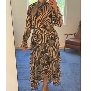 MISA Los Angeles 2 Piece Zebra Print Sheer Ruffle Set Blouse & Tiered Midi Skirt